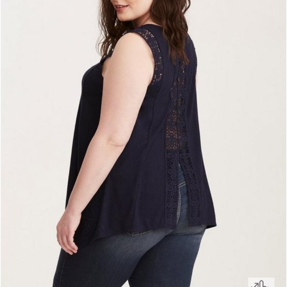 Torrid 1 Womens Blue Crochet Trim Split Back Tank Top